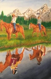 Painting of 2 men with cowboy hats riding horses through a field along side of flowing water
